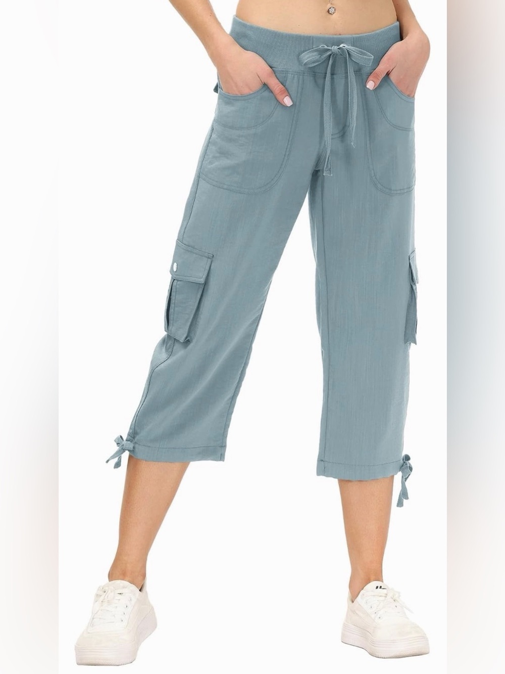Light Blue Cargo Capri Pants with Tie Hem